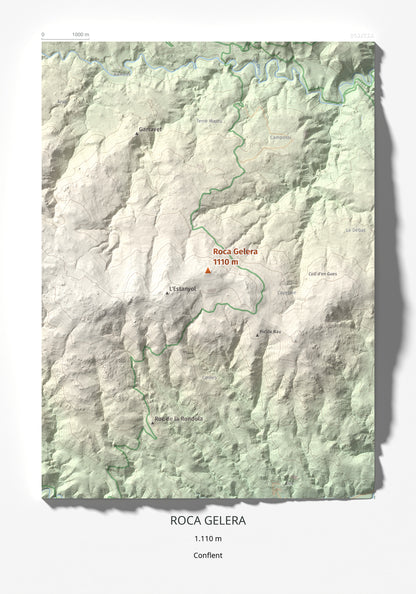 Mapa de relieve de Roca Gelera, 1110 m, Conflent, lámina 100 Cims de Trobart 21 × 30 cm.