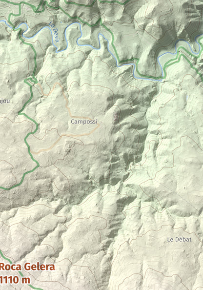 Mapa de relieve de Roca Gelera, 1110 m, Conflent, lámina 100 Cims de Trobart. Detalle de la zona superior derecha. 21 × 30 cm.