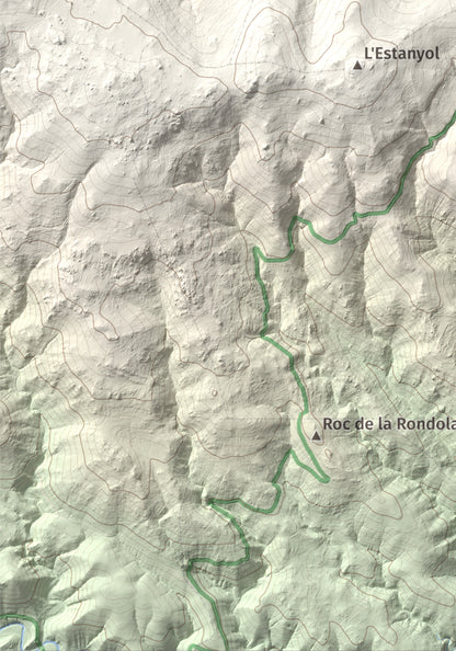 Mapa de relieve de Roca Gelera, 1110 m, Conflent, lámina 100 Cims de Trobart. Detalle de la zona inferior izquierda. 21 × 30 cm.