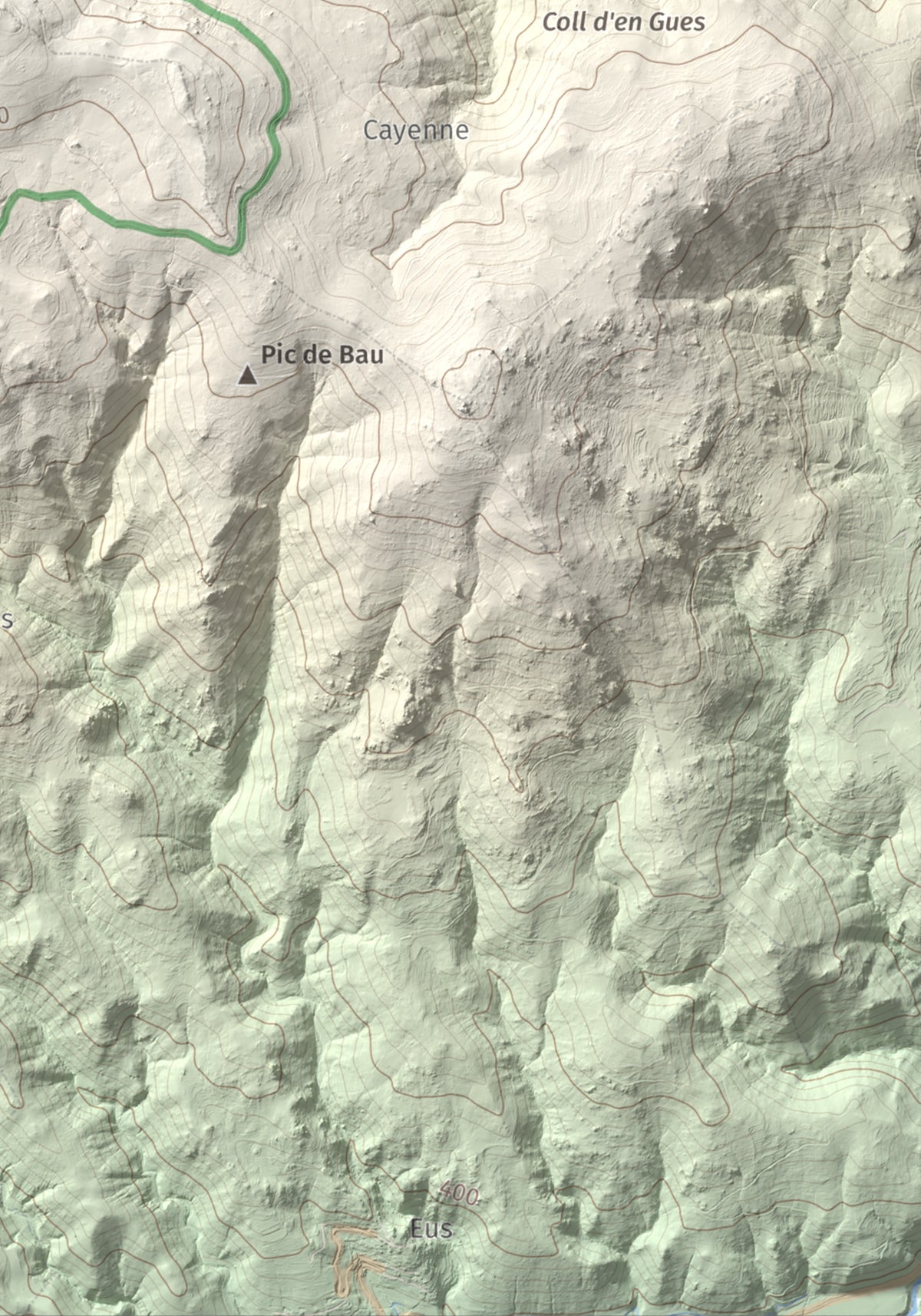 Mapa de relieve de Roca Gelera, 1110 m, Conflent, lámina 100 Cims de Trobart. Detalle de la zona inferior derecha. 21 × 30 cm.