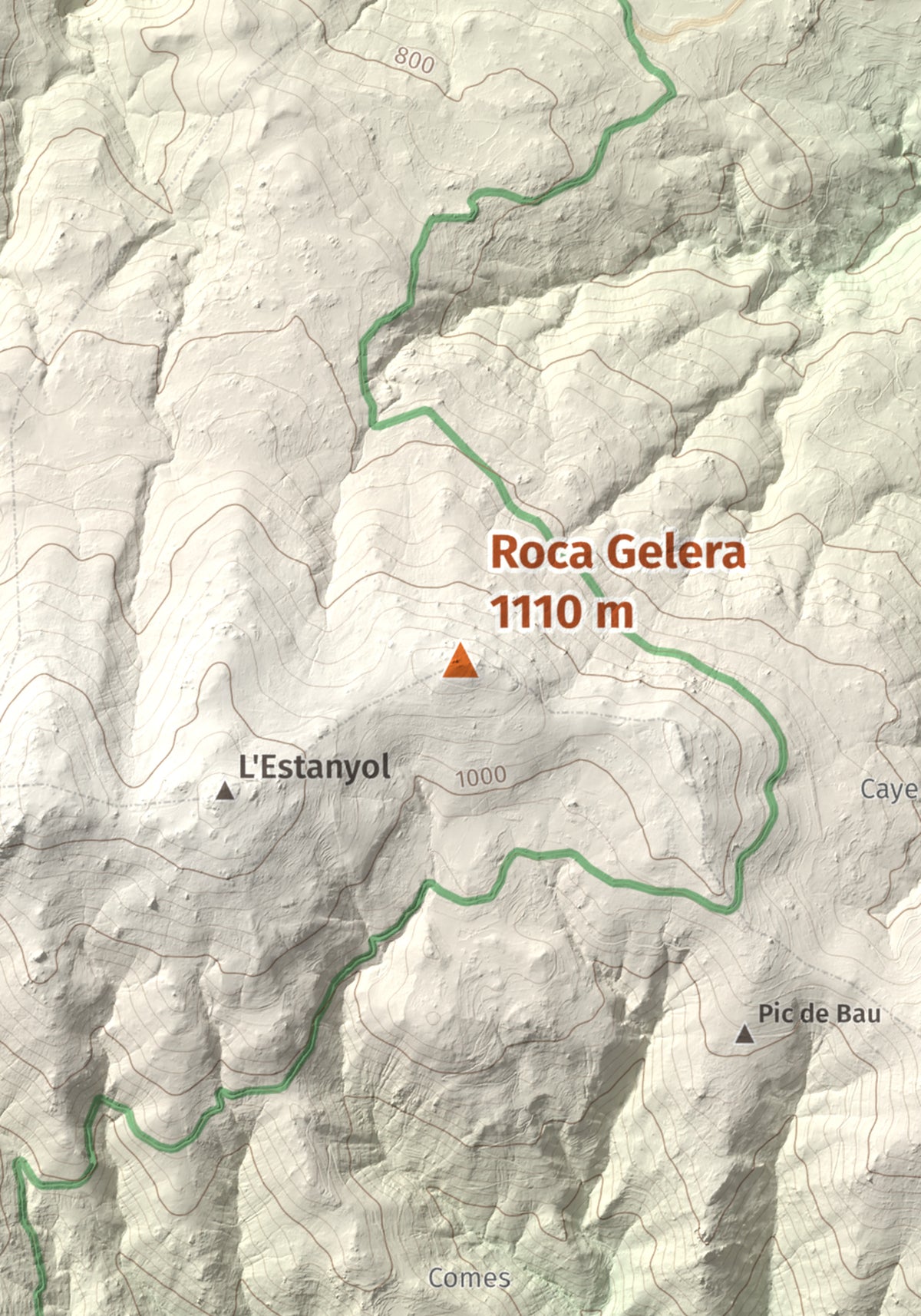 Mapa de relieve de Roca Gelera, 1110 m, Conflent, lámina 100 Cims de Trobart. Detalle de la zona central. 21 × 30 cm.