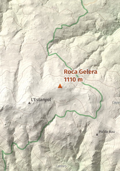 Mapa de relieve de Roca Gelera, 1110 m, Conflent, lámina 100 Cims de Trobart. Detalle de la zona central. 21 × 30 cm.