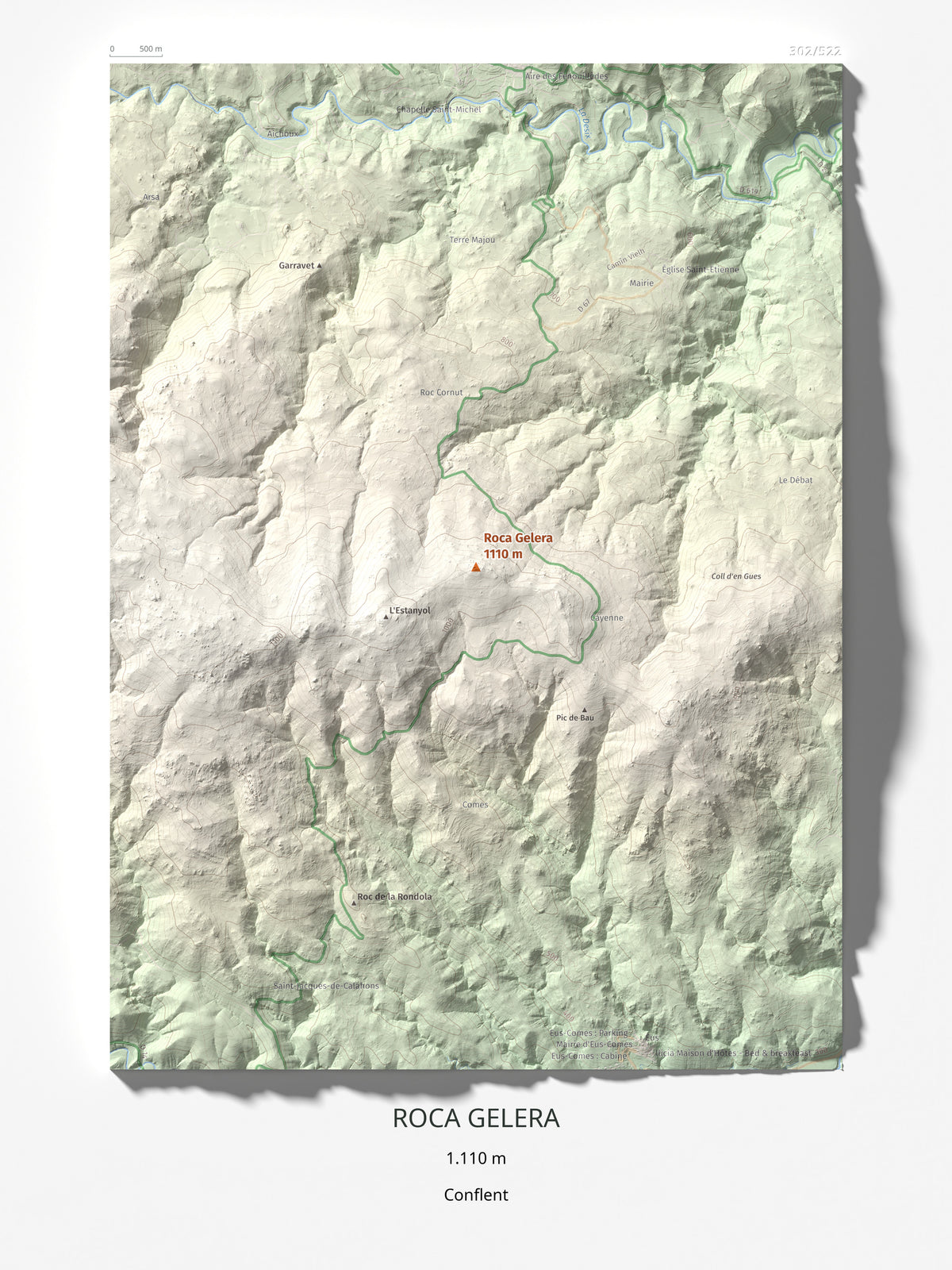 Mapa de relieve de Roca Gelera, 1110 m, Conflent, lámina 100 Cims de Trobart 30 × 40 cm.