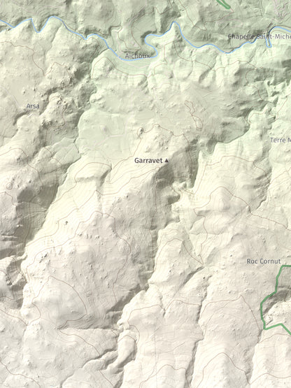 Mapa de relieve de Roca Gelera, 1110 m, Conflent, lámina 100 Cims de Trobart. Detalle de la zona superior izquierda. 30 × 40 cm.