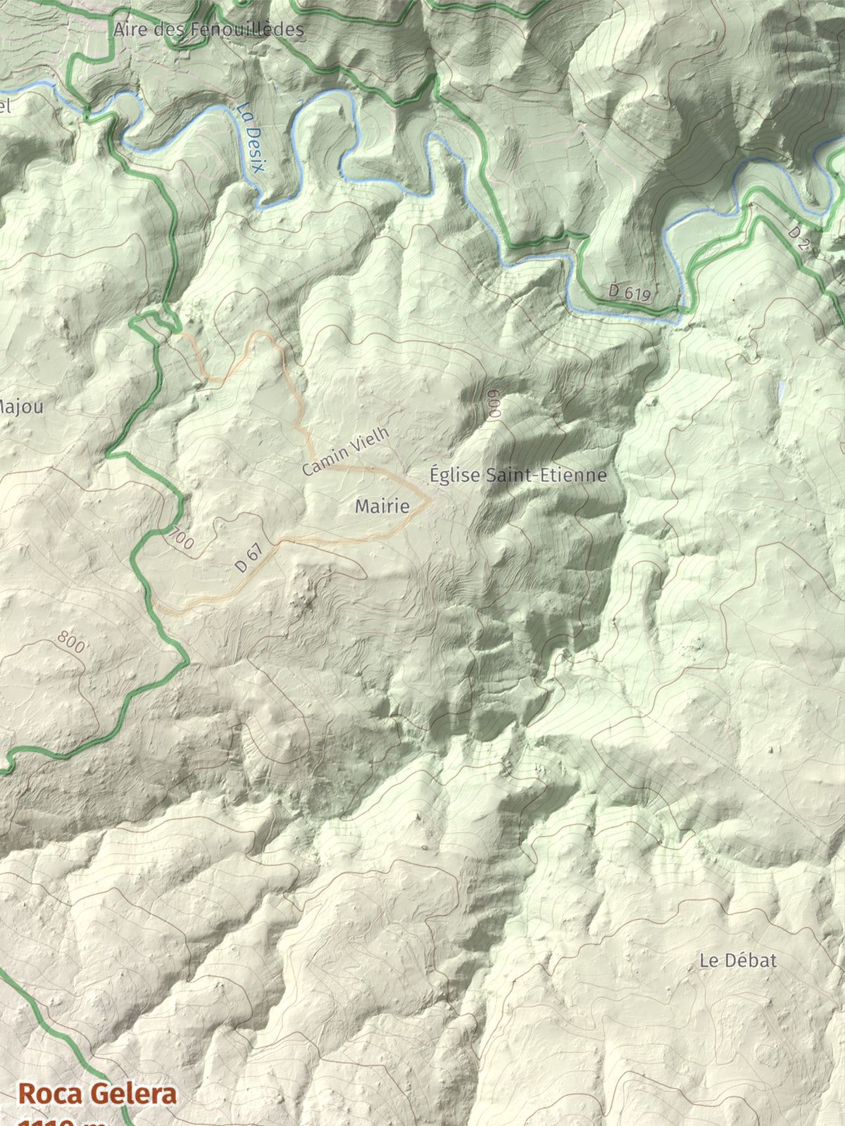 Mapa de relieve de Roca Gelera, 1110 m, Conflent, lámina 100 Cims de Trobart. Detalle de la zona superior derecha. 30 × 40 cm.