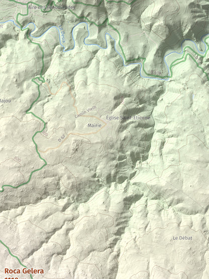 Mapa de relieve de Roca Gelera, 1110 m, Conflent, lámina 100 Cims de Trobart. Detalle de la zona superior derecha. 30 × 40 cm.
