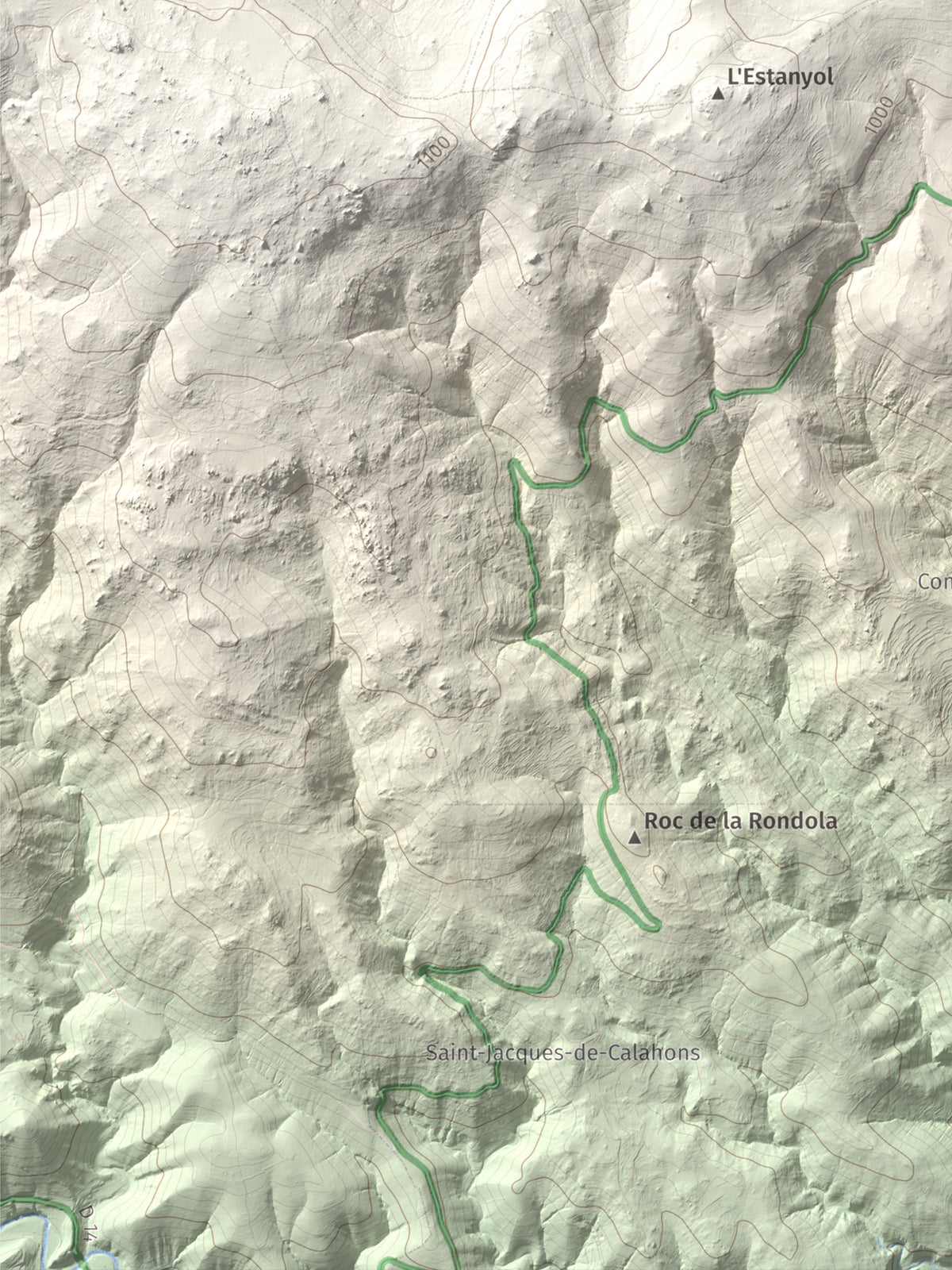 Mapa de relieve de Roca Gelera, 1110 m, Conflent, lámina 100 Cims de Trobart. Detalle de la zona inferior izquierda. 30 × 40 cm.