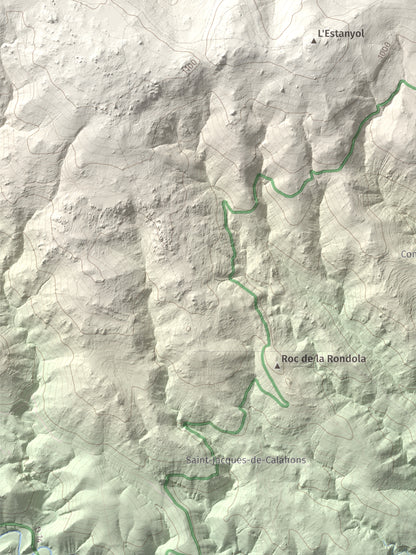 Mapa de relieve de Roca Gelera, 1110 m, Conflent, lámina 100 Cims de Trobart. Detalle de la zona inferior izquierda. 30 × 40 cm.