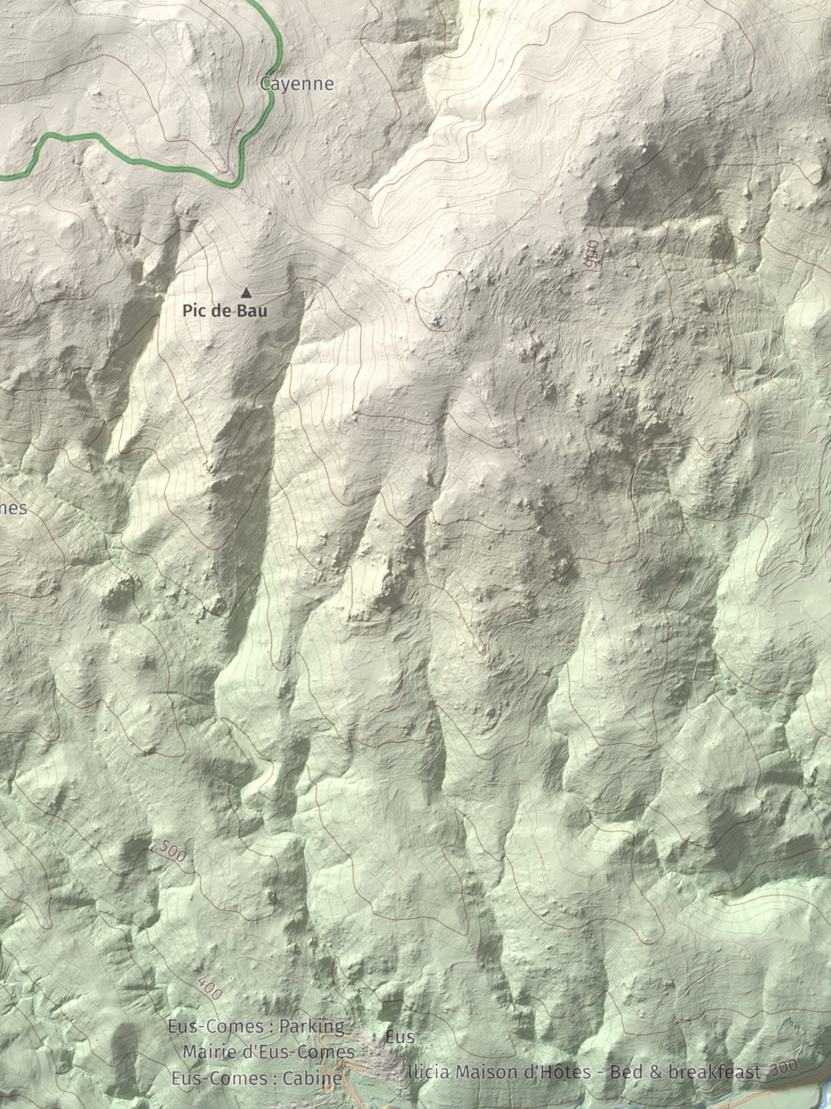 Mapa de relieve de Roca Gelera, 1110 m, Conflent, lámina 100 Cims de Trobart. Detalle de la zona inferior derecha. 30 × 40 cm.