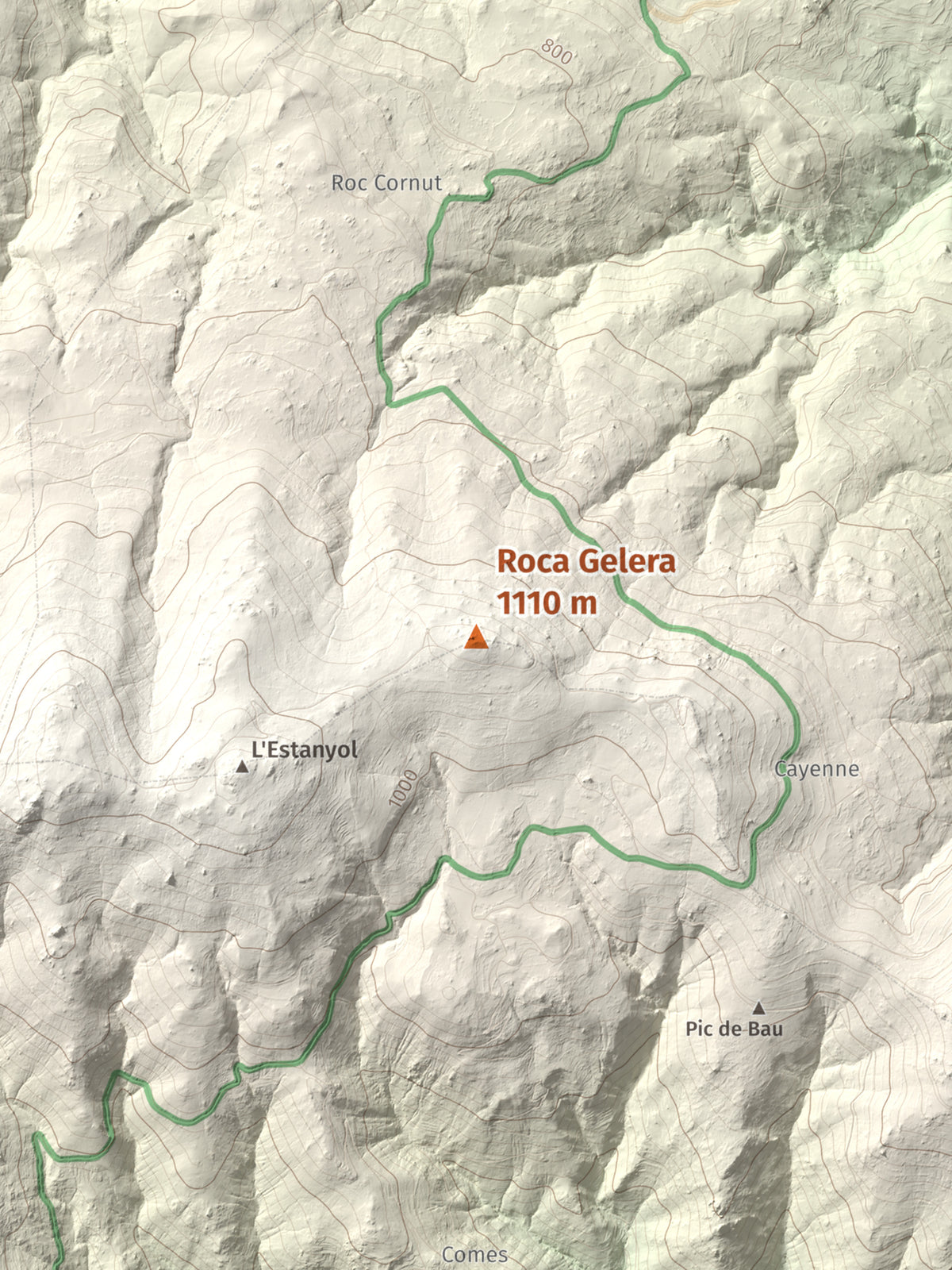 Mapa de relieve de Roca Gelera, 1110 m, Conflent, lámina 100 Cims de Trobart. Detalle de la zona central. 30 × 40 cm.