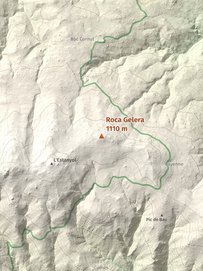 Mapa de relieve de Roca Gelera, 1110 m, Conflent, lámina 100 Cims de Trobart. Detalle de la zona central. 30 × 40 cm.