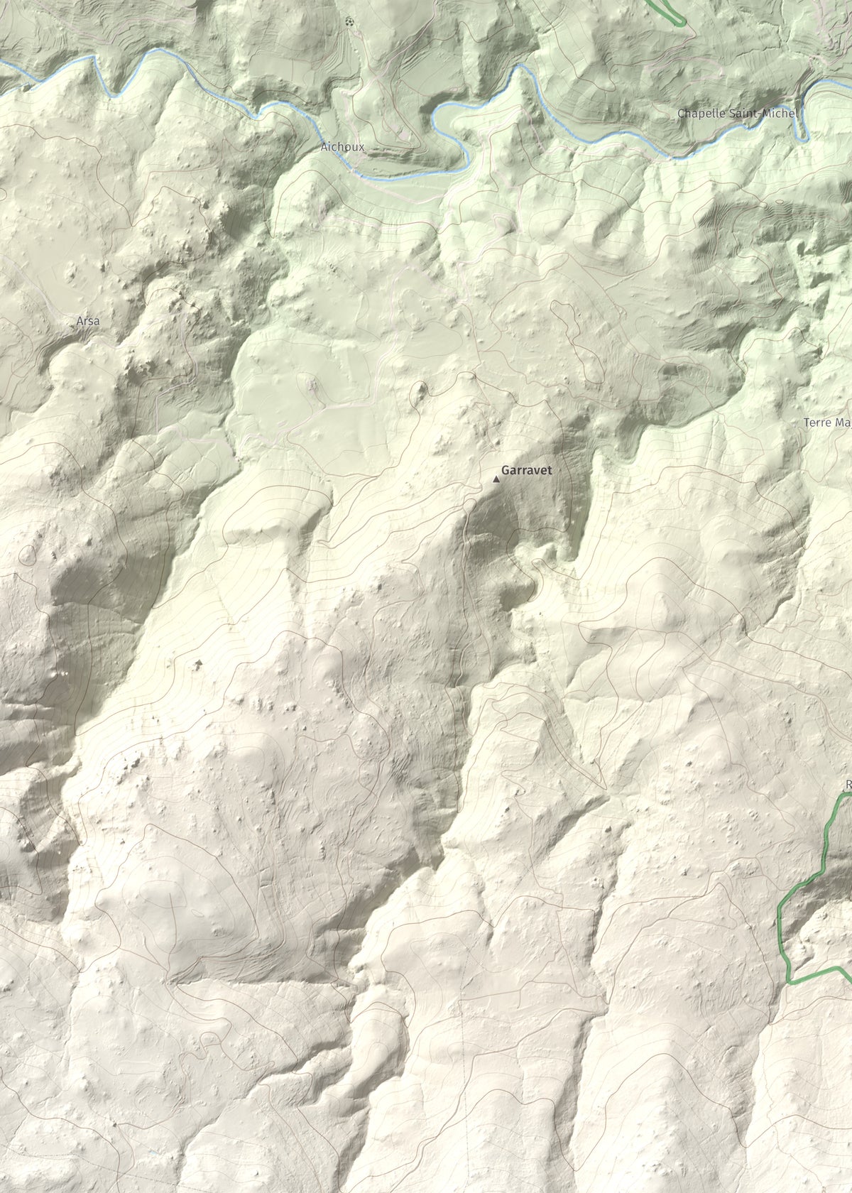 Mapa de relieve de Roca Gelera, 1110 m, Conflent, lámina 100 Cims de Trobart. Detalle de la zona superior izquierda. 50 × 70 cm.