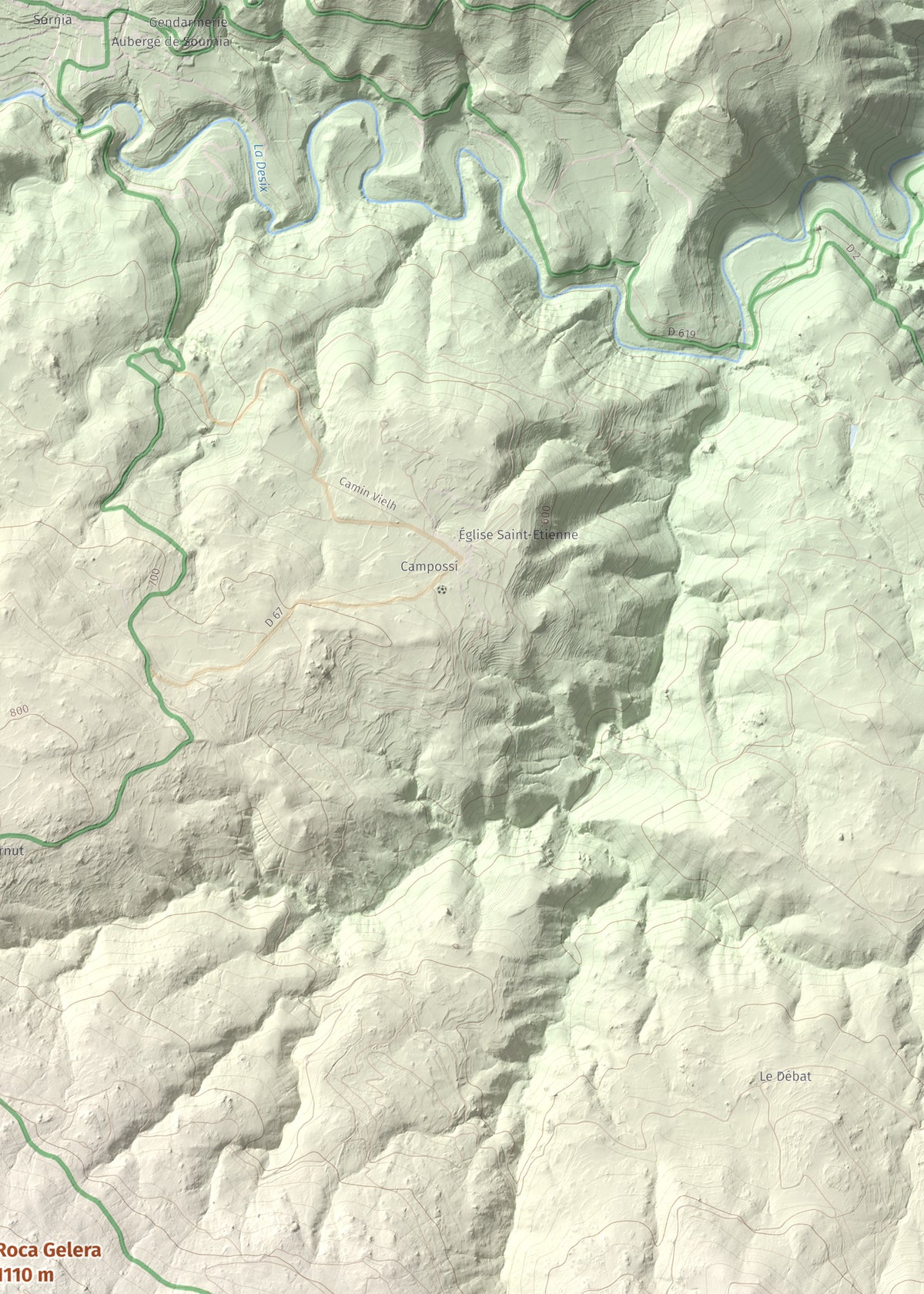 Mapa de relieve de Roca Gelera, 1110 m, Conflent, lámina 100 Cims de Trobart. Detalle de la zona superior derecha. 50 × 70 cm.