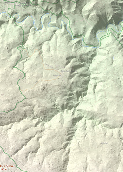 Mapa de relieve de Roca Gelera, 1110 m, Conflent, lámina 100 Cims de Trobart. Detalle de la zona superior derecha. 50 × 70 cm.