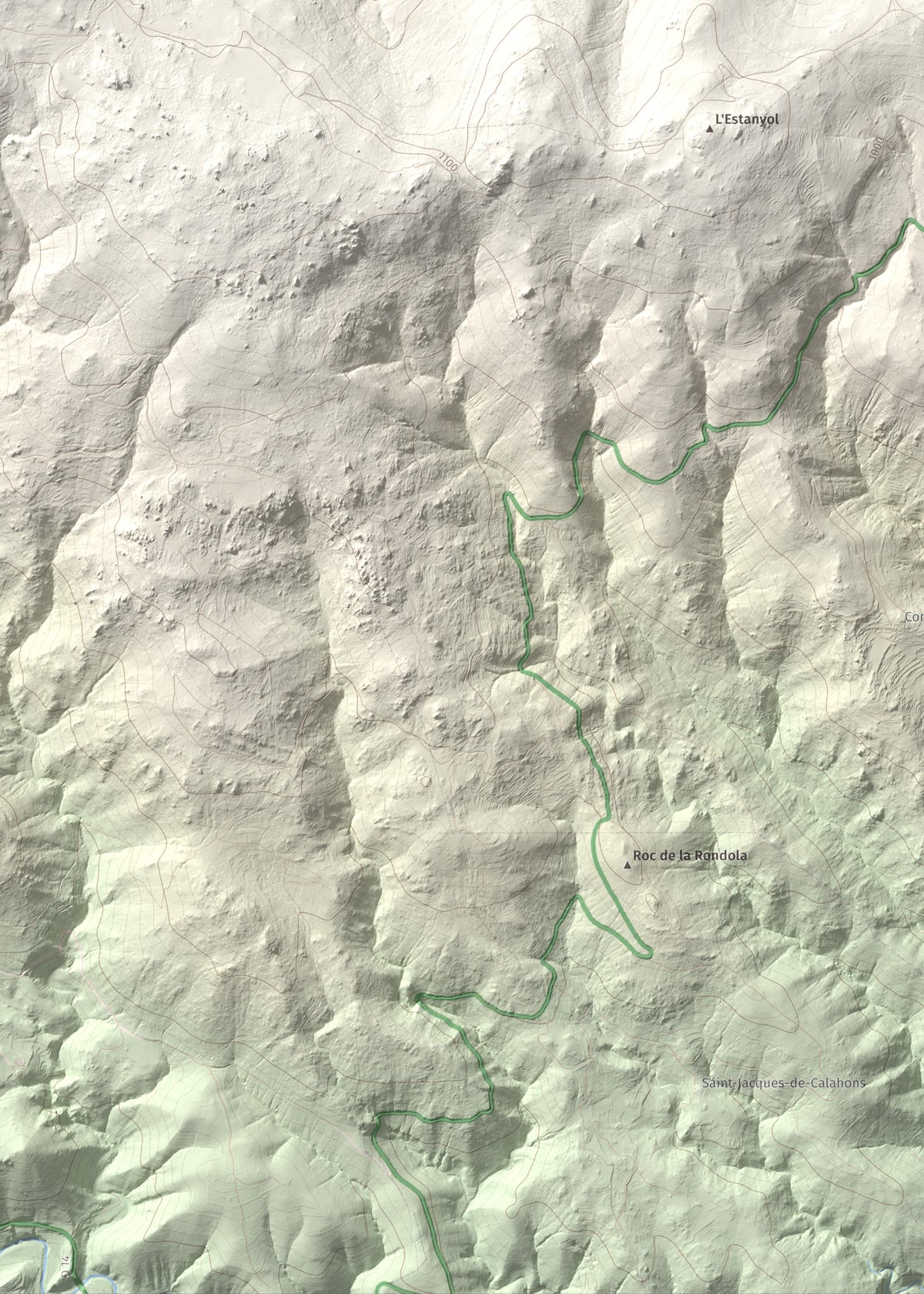 Mapa de relieve de Roca Gelera, 1110 m, Conflent, lámina 100 Cims de Trobart. Detalle de la zona inferior izquierda. 50 × 70 cm.
