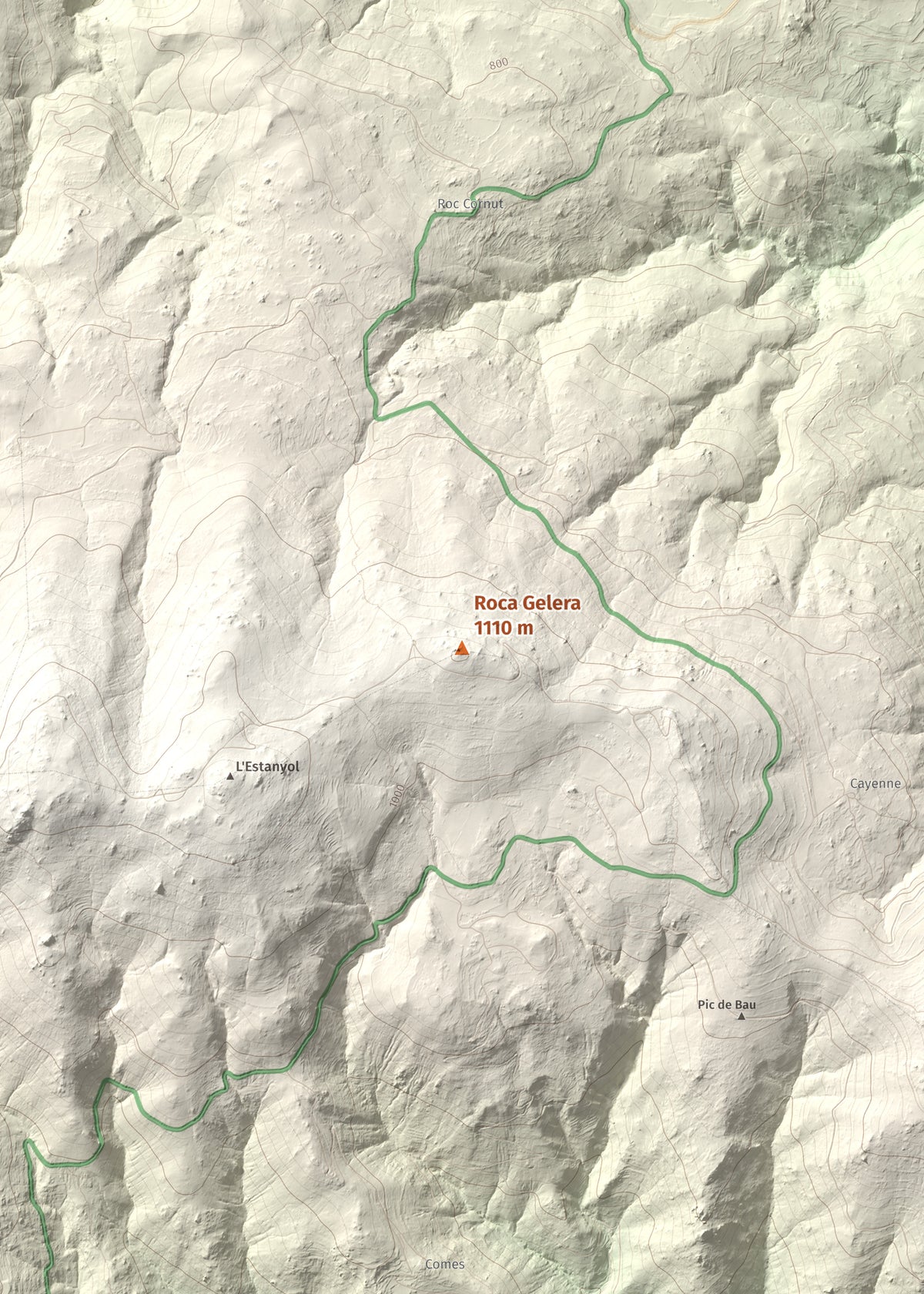Mapa de relieve de Roca Gelera, 1110 m, Conflent, lámina 100 Cims de Trobart. Detalle de la zona central. 50 × 70 cm.