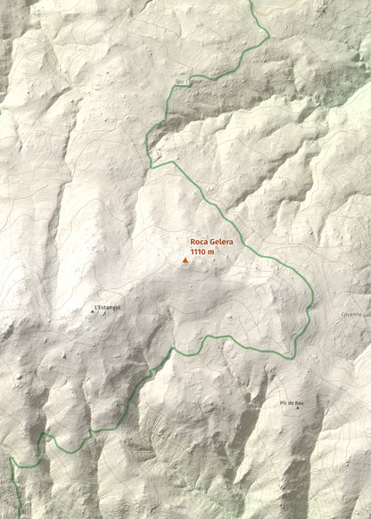 Mapa de relieve de Roca Gelera, 1110 m, Conflent, lámina 100 Cims de Trobart. Detalle de la zona central. 50 × 70 cm.