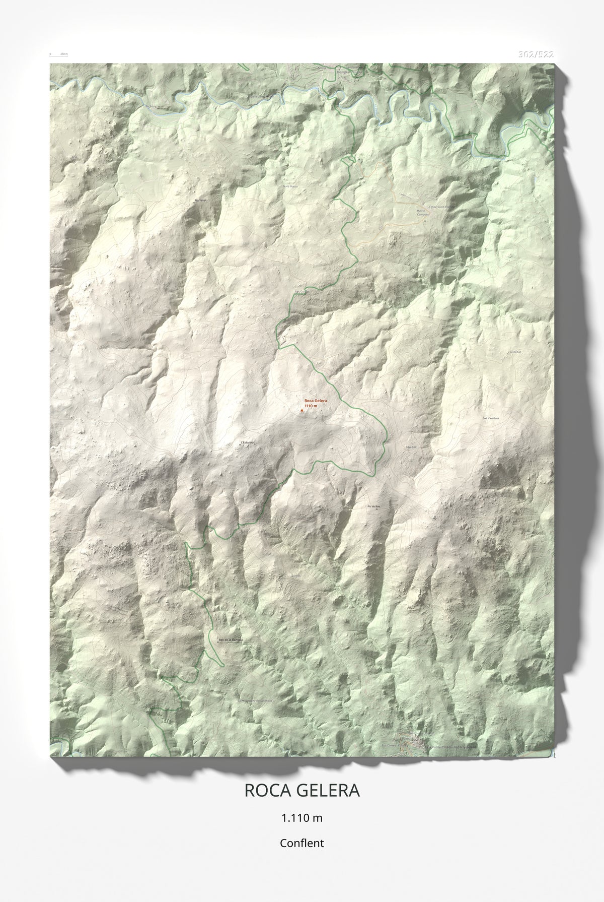 Mapa de relieve de Roca Gelera, 1110 m, Conflent, lámina 100 Cims de Trobart 61 × 91 cm.