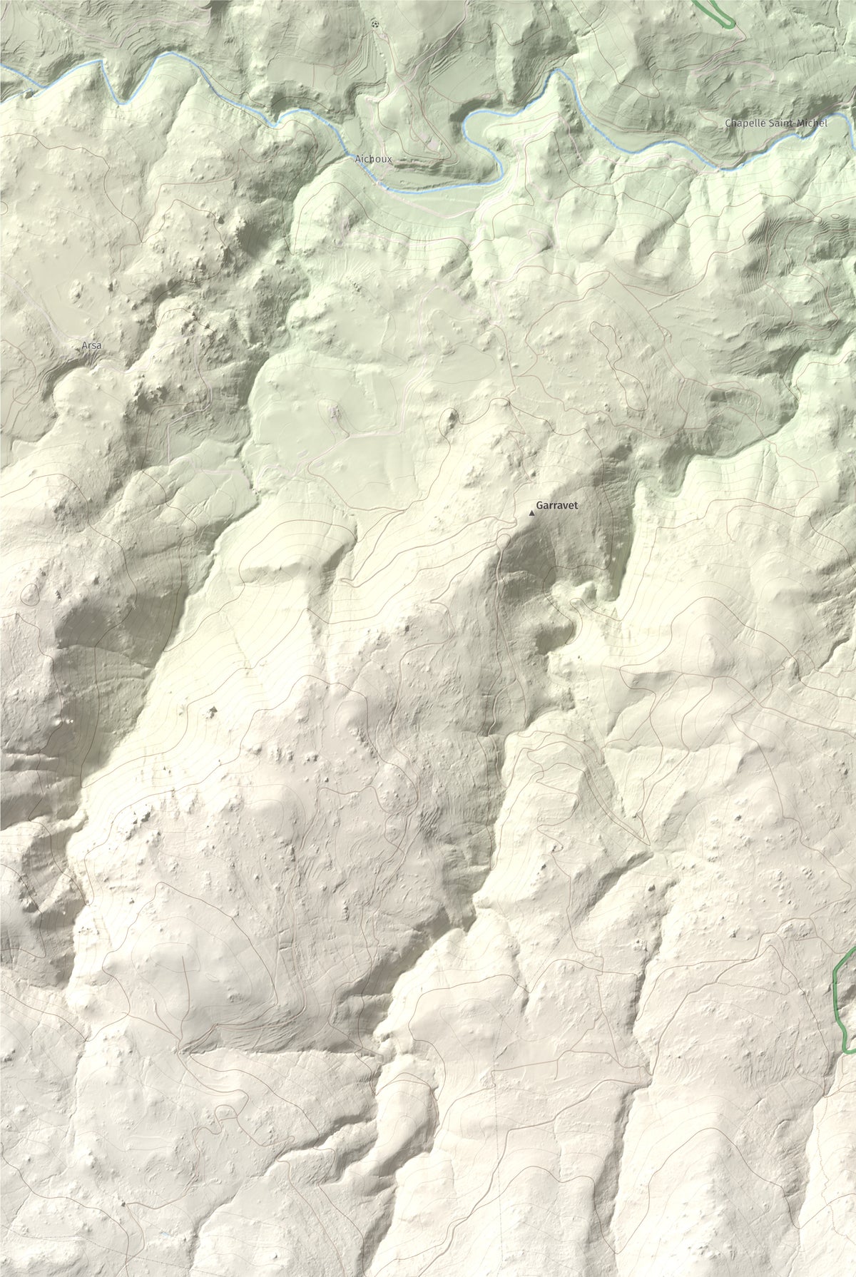 Mapa de relieve de Roca Gelera, 1110 m, Conflent, lámina 100 Cims de Trobart. Detalle de la zona superior izquierda. 61 × 91 cm.