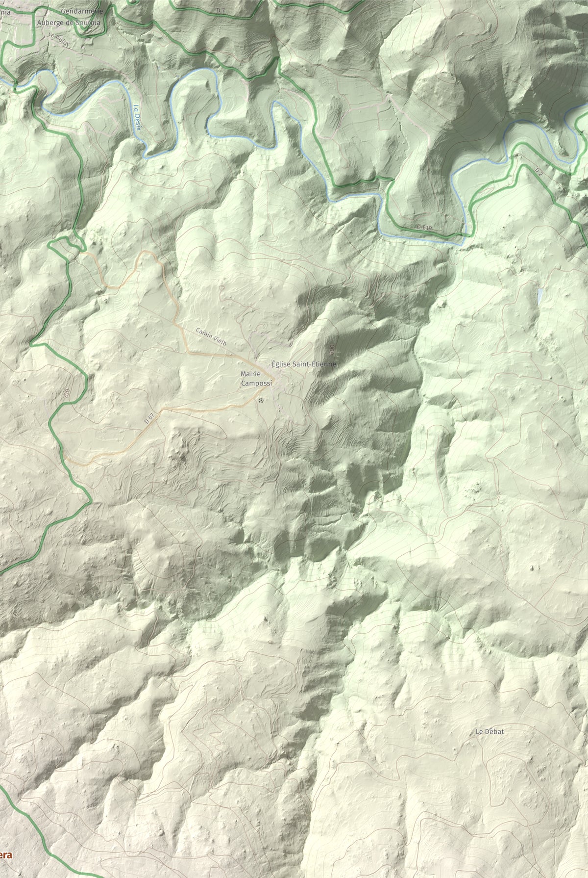 Mapa de relieve de Roca Gelera, 1110 m, Conflent, lámina 100 Cims de Trobart. Detalle de la zona superior derecha. 61 × 91 cm.