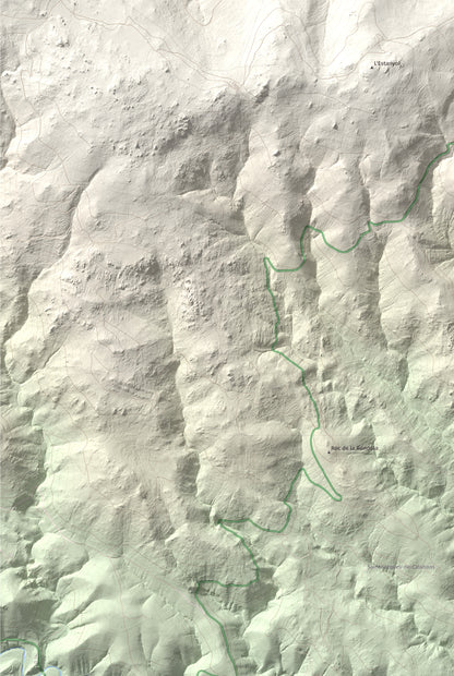 Mapa de relieve de Roca Gelera, 1110 m, Conflent, lámina 100 Cims de Trobart. Detalle de la zona inferior izquierda. 61 × 91 cm.