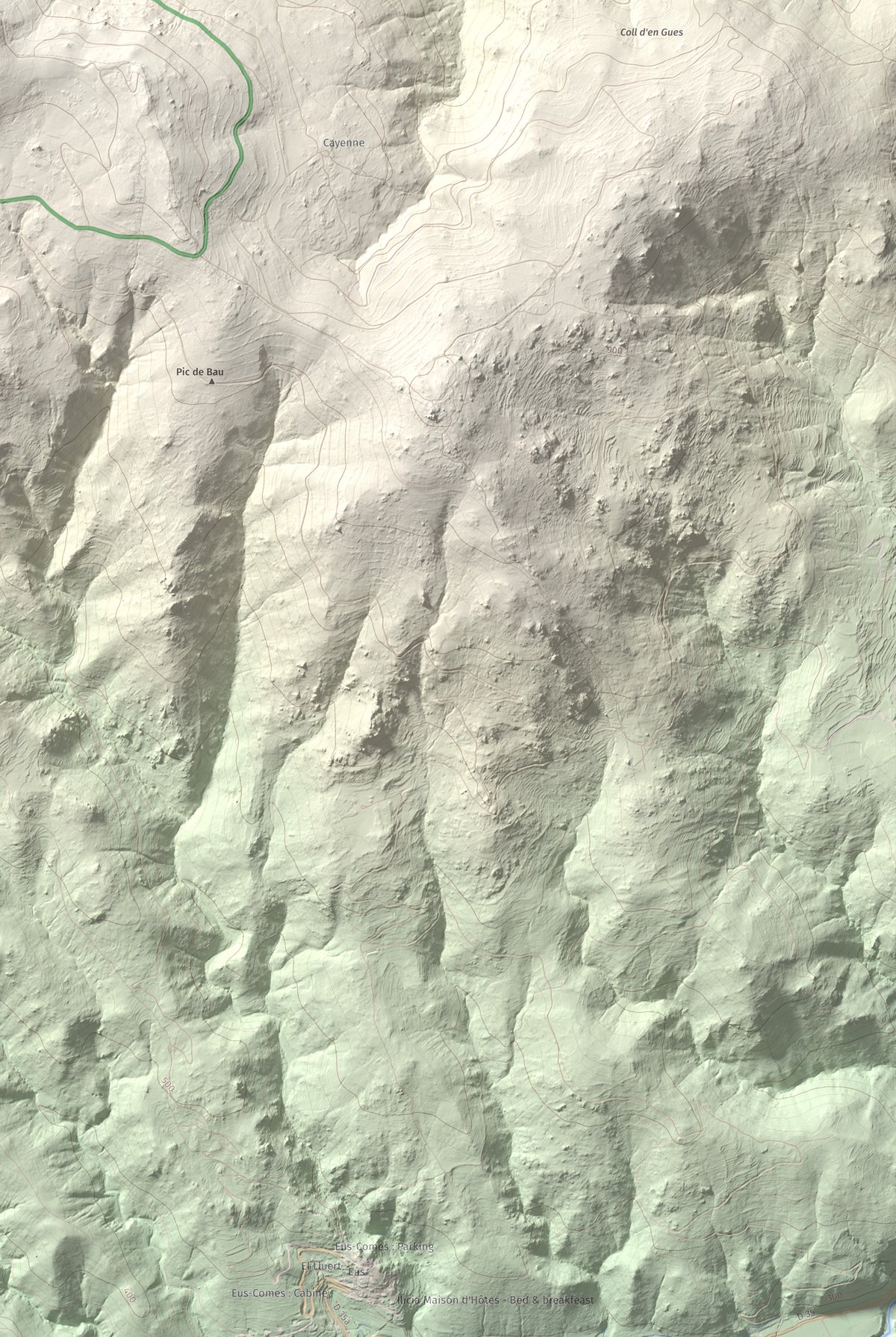 Mapa de relieve de Roca Gelera, 1110 m, Conflent, lámina 100 Cims de Trobart. Detalle de la zona inferior derecha. 61 × 91 cm.