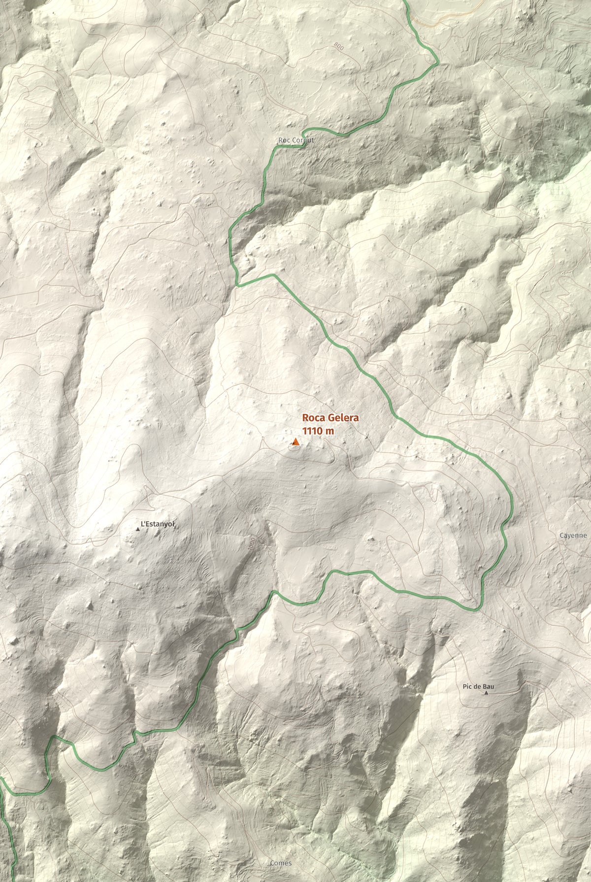 Mapa de relieve de Roca Gelera, 1110 m, Conflent, lámina 100 Cims de Trobart. Detalle de la zona central. 61 × 91 cm.