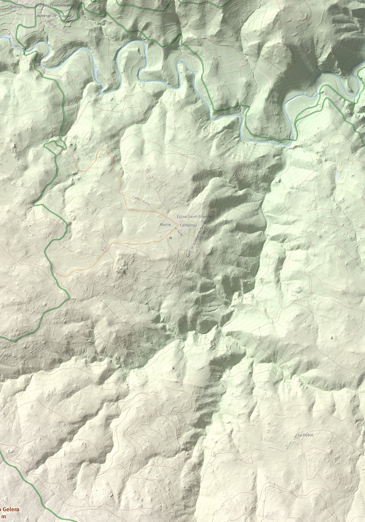 Mapa de relieve de Roca Gelera, 1110 m, Conflent, lámina 100 Cims de Trobart. Detalle de la zona superior derecha. 70 × 100 cm.