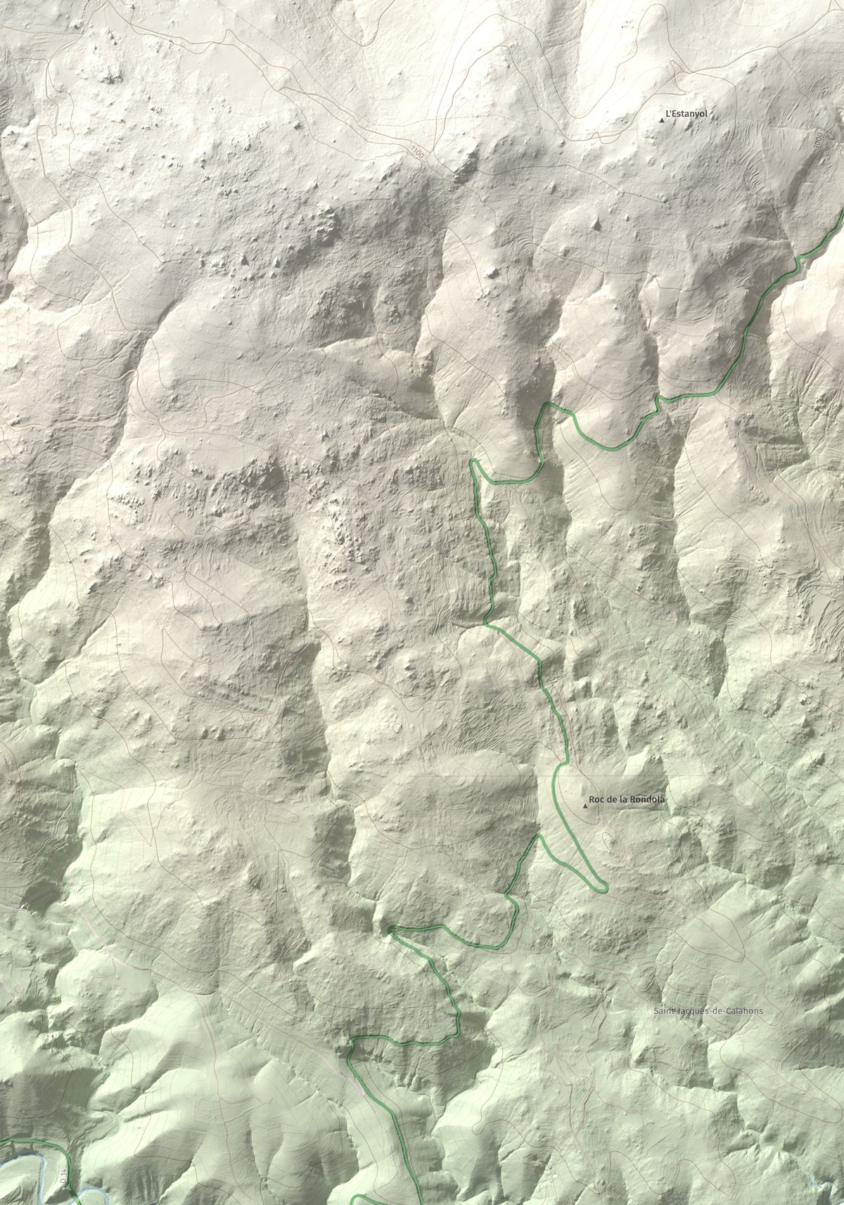 Mapa de relieve de Roca Gelera, 1110 m, Conflent, lámina 100 Cims de Trobart. Detalle de la zona inferior izquierda. 70 × 100 cm.