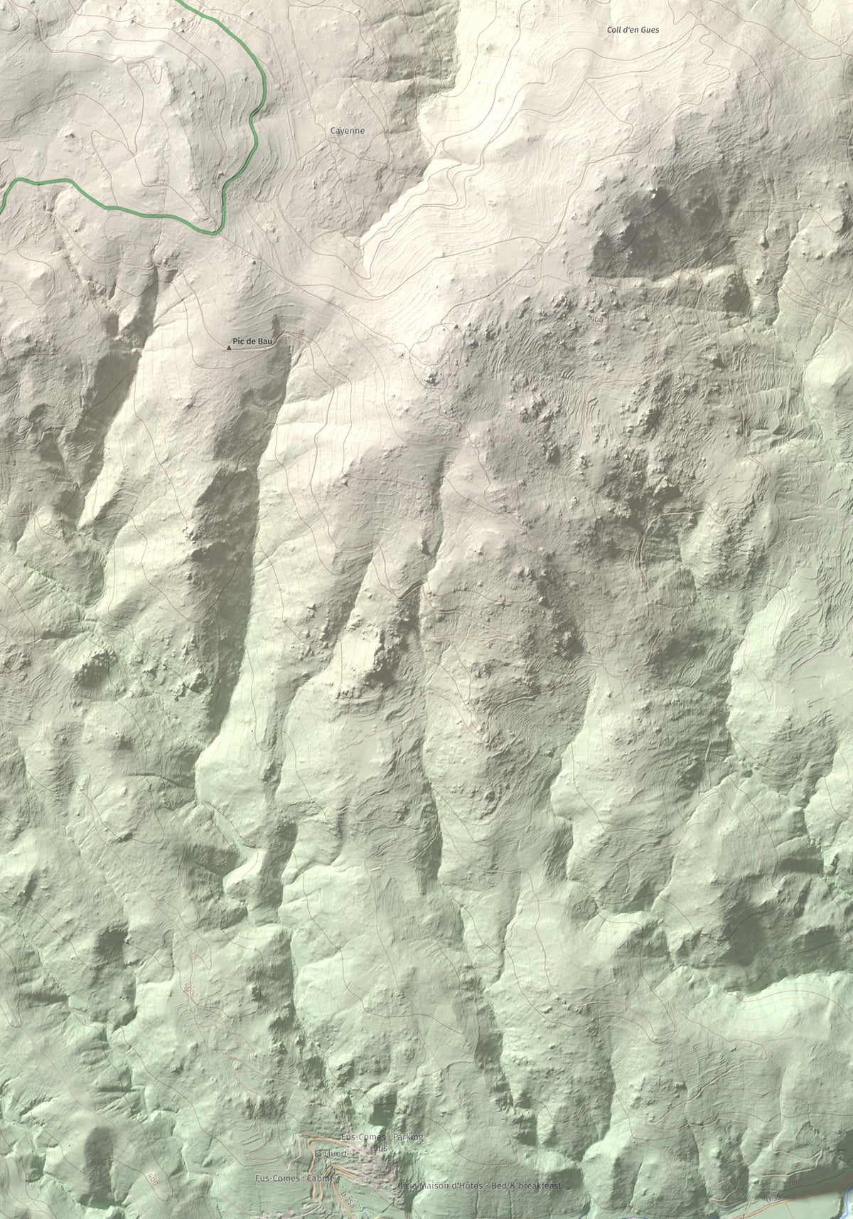 Mapa de relieve de Roca Gelera, 1110 m, Conflent, lámina 100 Cims de Trobart. Detalle de la zona inferior derecha. 70 × 100 cm.