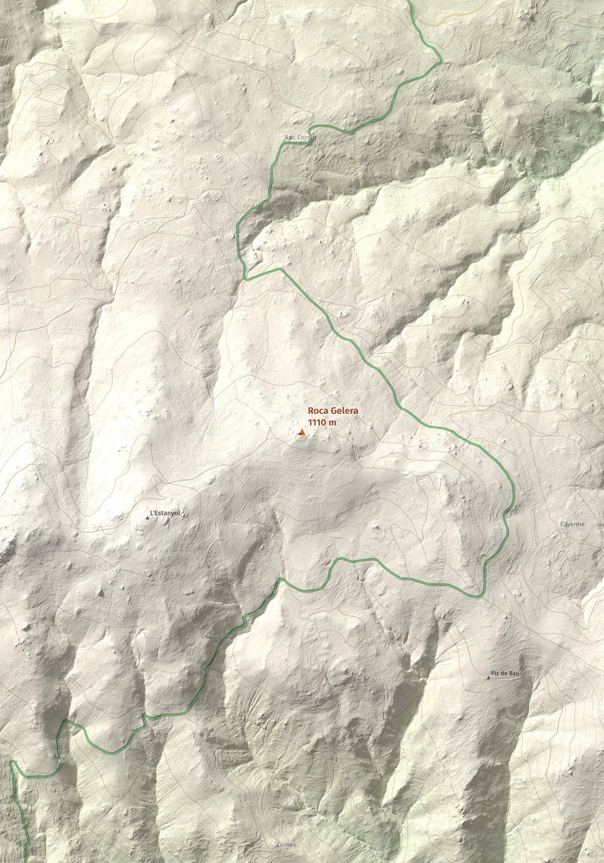 Mapa de relieve de Roca Gelera, 1110 m, Conflent, lámina 100 Cims de Trobart. Detalle de la zona central. 70 × 100 cm.