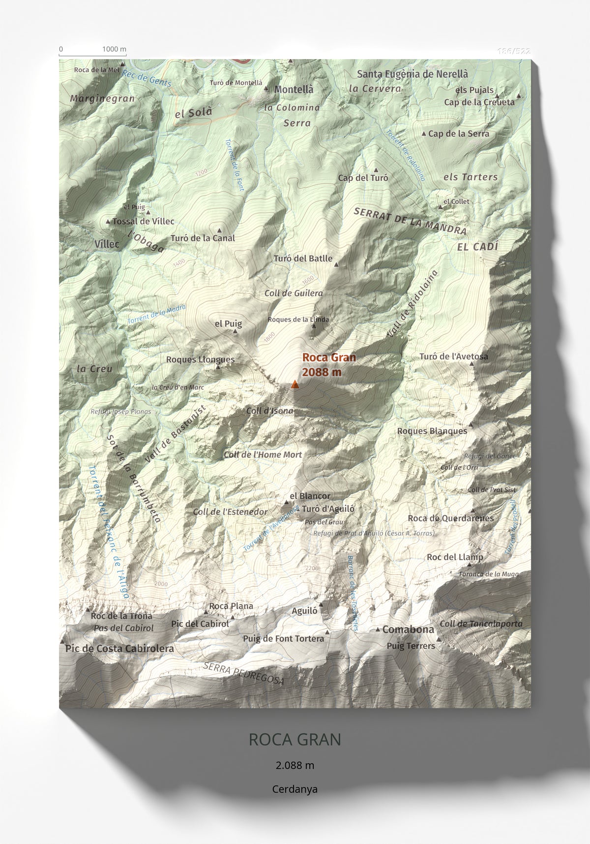 Mapa de relieve de Roca Gran, 2088 m, Cerdanya, lámina 100 Cims de Trobart 21 × 30 cm.