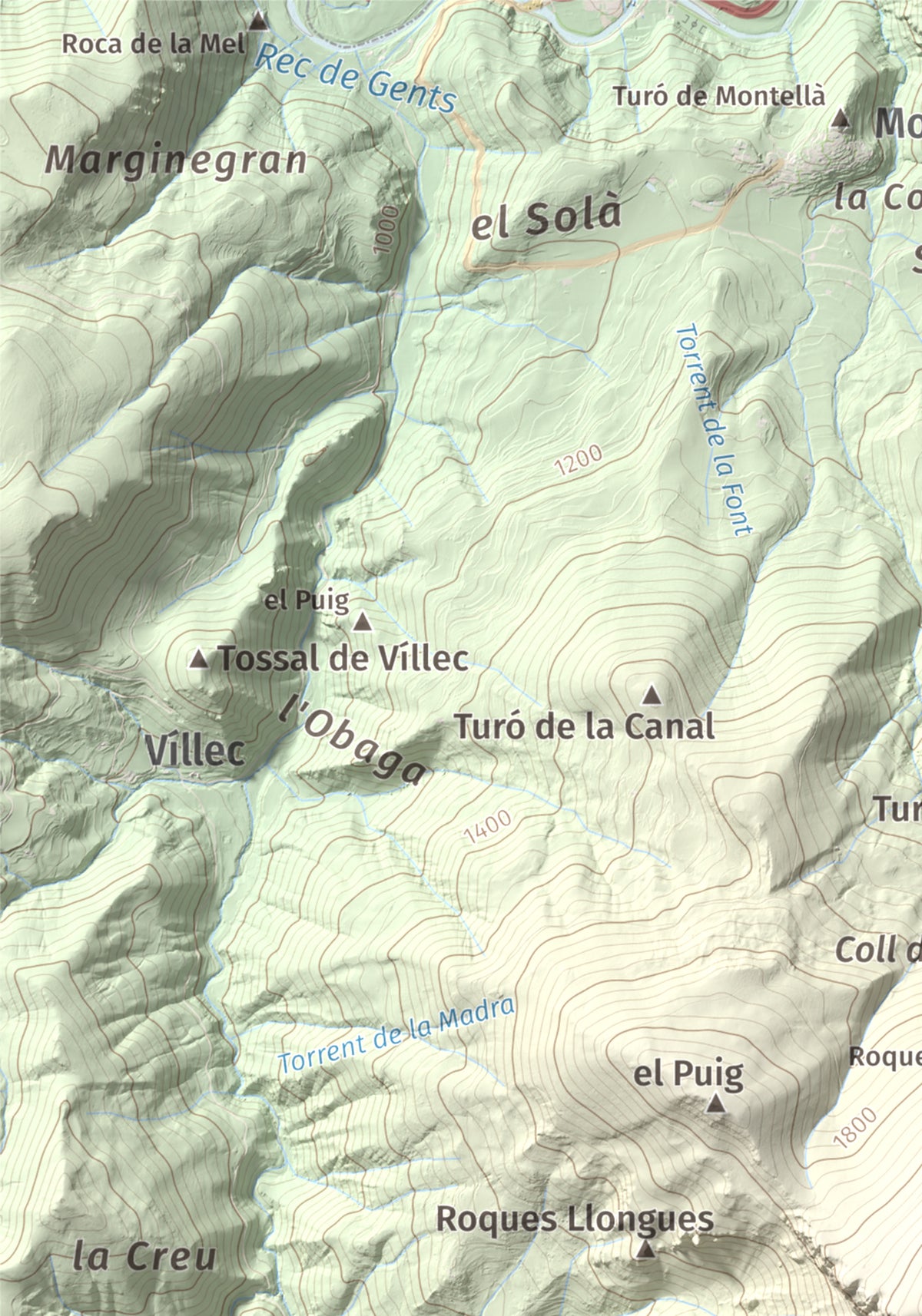 Mapa de relieve de Roca Gran, 2088 m, Cerdanya, lámina 100 Cims de Trobart. Detalle de la zona superior izquierda. 21 × 30 cm.