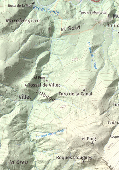 Mapa de relieve de Roca Gran, 2088 m, Cerdanya, lámina 100 Cims de Trobart. Detalle de la zona superior izquierda. 21 × 30 cm.