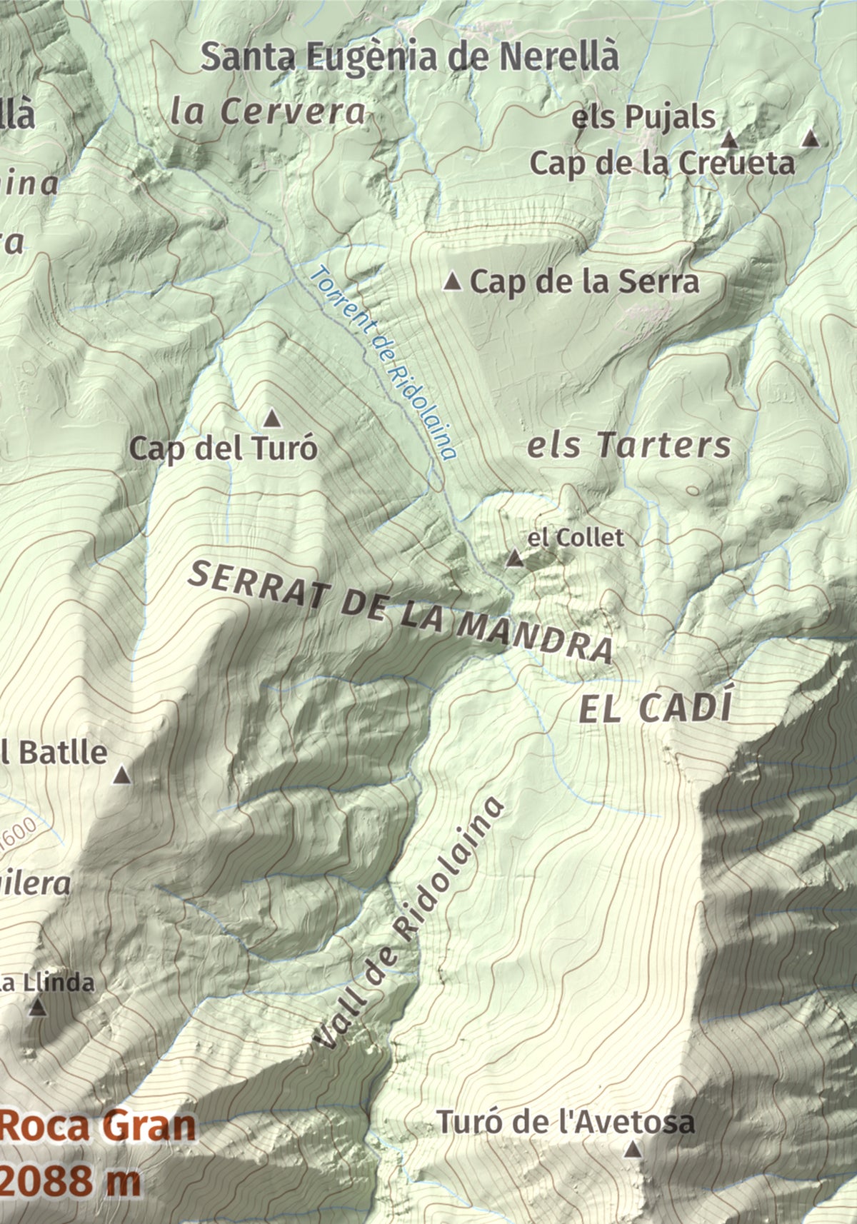 Mapa de relieve de Roca Gran, 2088 m, Cerdanya, lámina 100 Cims de Trobart. Detalle de la zona superior derecha. 21 × 30 cm.