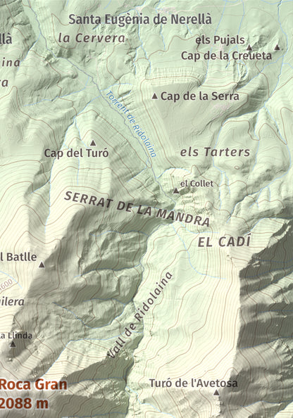 Mapa de relieve de Roca Gran, 2088 m, Cerdanya, lámina 100 Cims de Trobart. Detalle de la zona superior derecha. 21 × 30 cm.