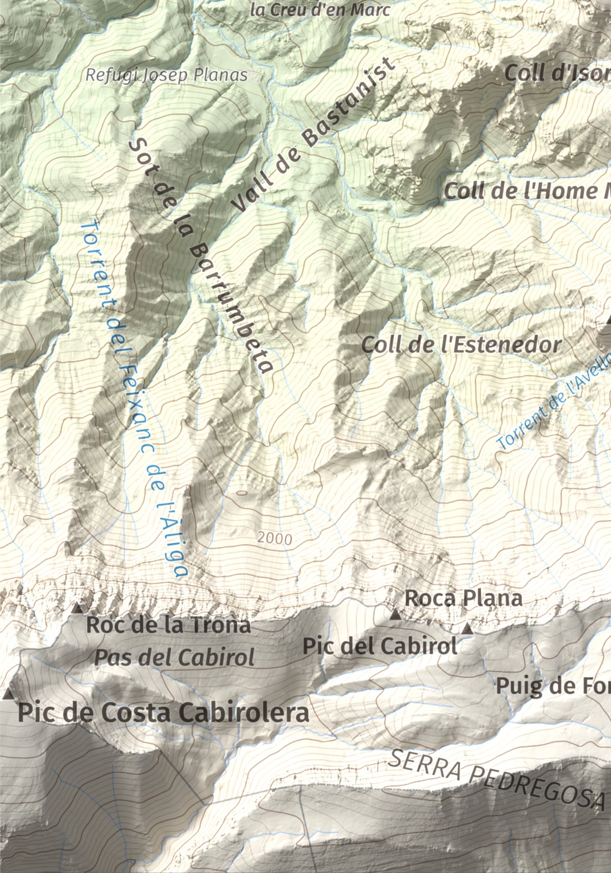Mapa de relieve de Roca Gran, 2088 m, Cerdanya, lámina 100 Cims de Trobart. Detalle de la zona inferior izquierda. 21 × 30 cm.