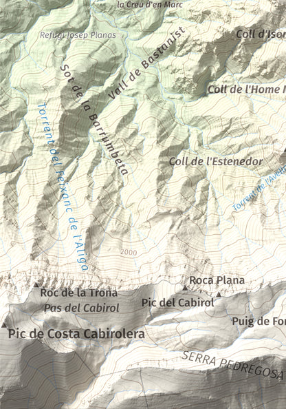 Mapa de relieve de Roca Gran, 2088 m, Cerdanya, lámina 100 Cims de Trobart. Detalle de la zona inferior izquierda. 21 × 30 cm.