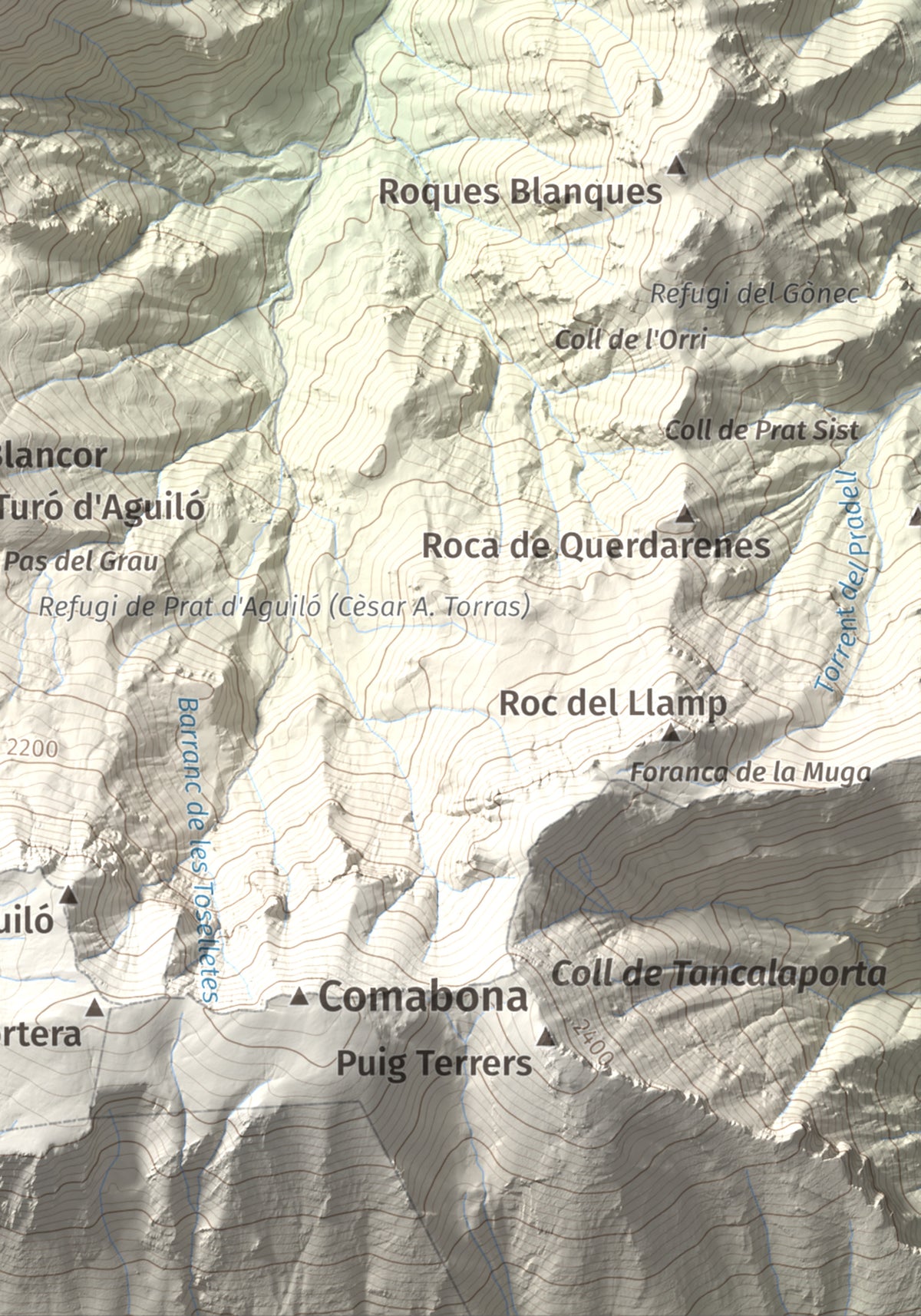 Mapa de relieve de Roca Gran, 2088 m, Cerdanya, lámina 100 Cims de Trobart. Detalle de la zona inferior derecha. 21 × 30 cm.