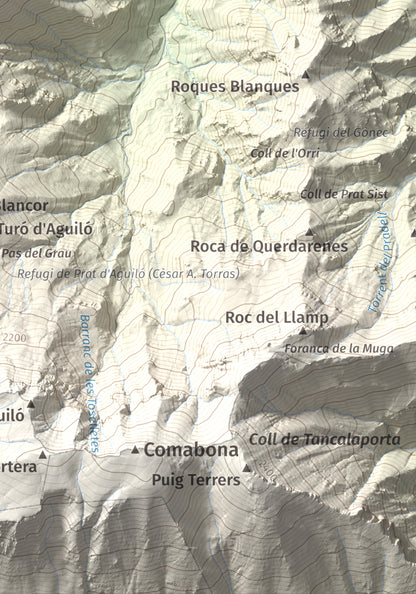 Mapa de relieve de Roca Gran, 2088 m, Cerdanya, lámina 100 Cims de Trobart. Detalle de la zona inferior derecha. 21 × 30 cm.