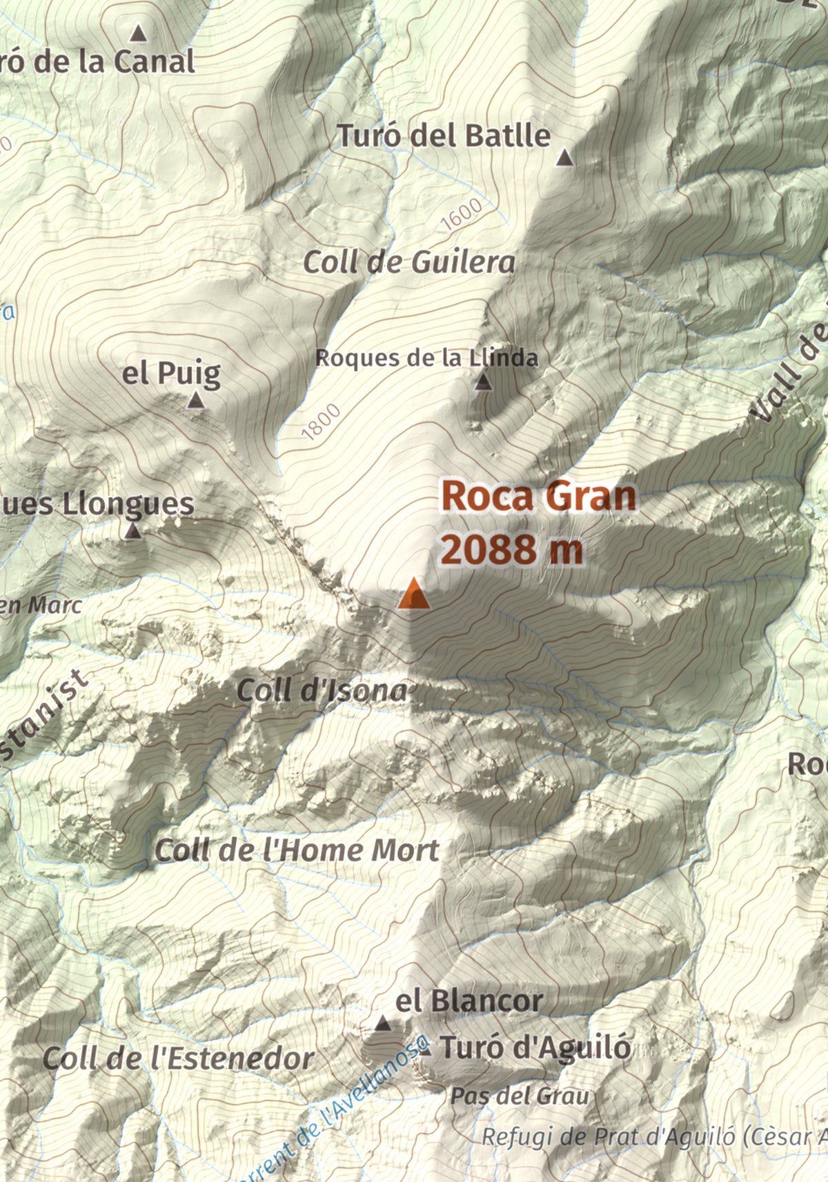 Mapa de relieve de Roca Gran, 2088 m, Cerdanya, lámina 100 Cims de Trobart. Detalle de la zona central. 21 × 30 cm.