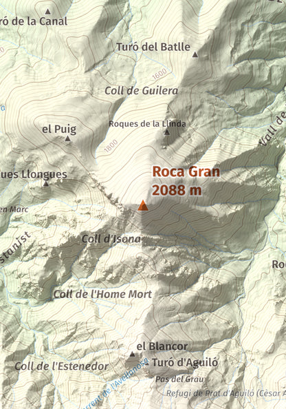 Mapa de relieve de Roca Gran, 2088 m, Cerdanya, lámina 100 Cims de Trobart. Detalle de la zona central. 21 × 30 cm.