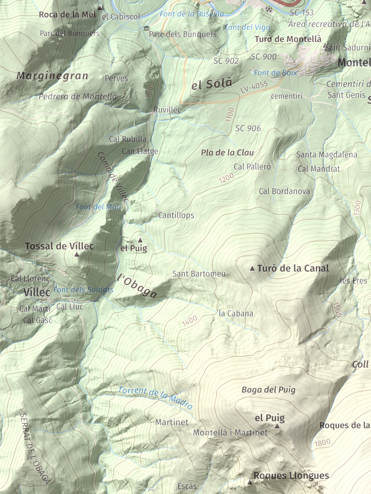 Mapa de relieve de Roca Gran, 2088 m, Cerdanya, lámina 100 Cims de Trobart. Detalle de la zona superior izquierda. 30 × 40 cm.