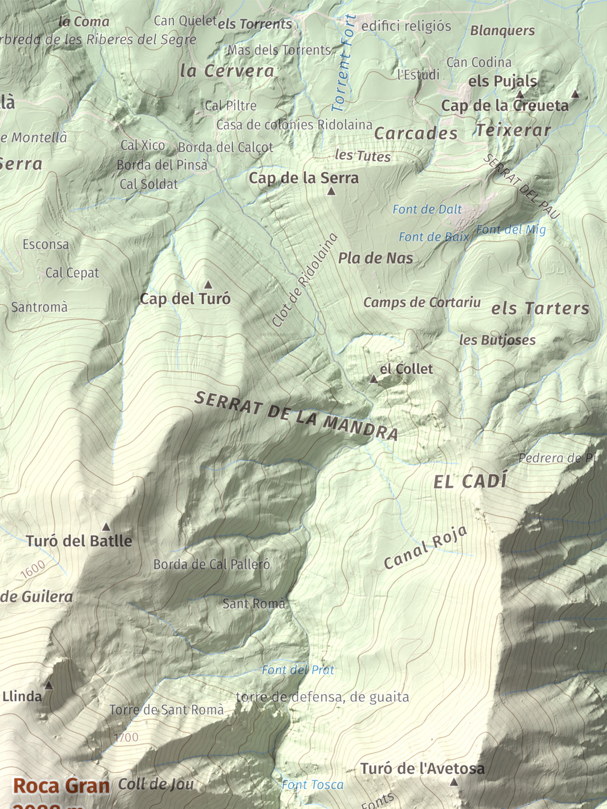 Mapa de relieve de Roca Gran, 2088 m, Cerdanya, lámina 100 Cims de Trobart. Detalle de la zona superior derecha. 30 × 40 cm.