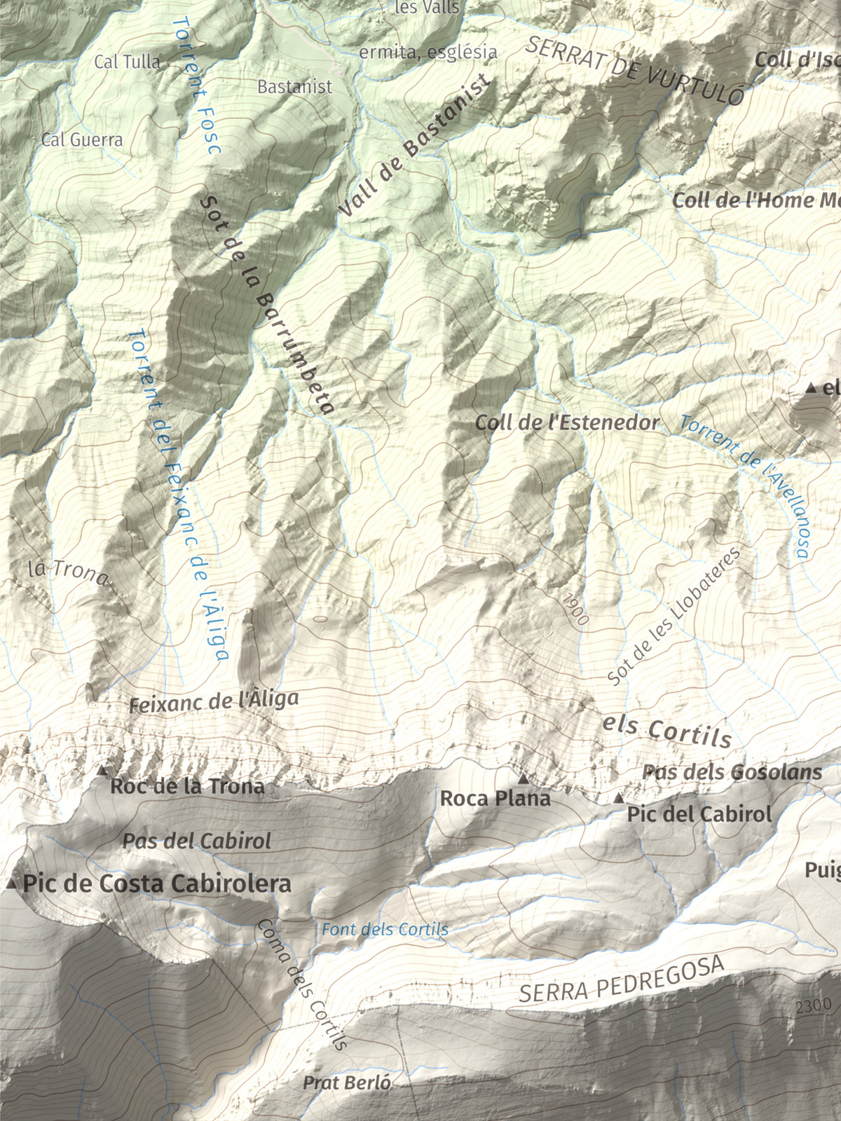 Mapa de relieve de Roca Gran, 2088 m, Cerdanya, lámina 100 Cims de Trobart. Detalle de la zona inferior izquierda. 30 × 40 cm.