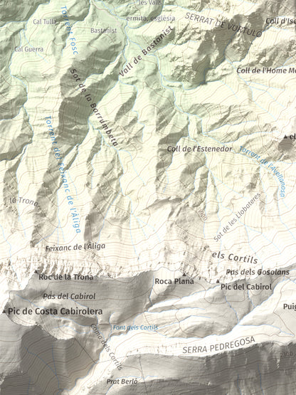 Mapa de relieve de Roca Gran, 2088 m, Cerdanya, lámina 100 Cims de Trobart. Detalle de la zona inferior izquierda. 30 × 40 cm.