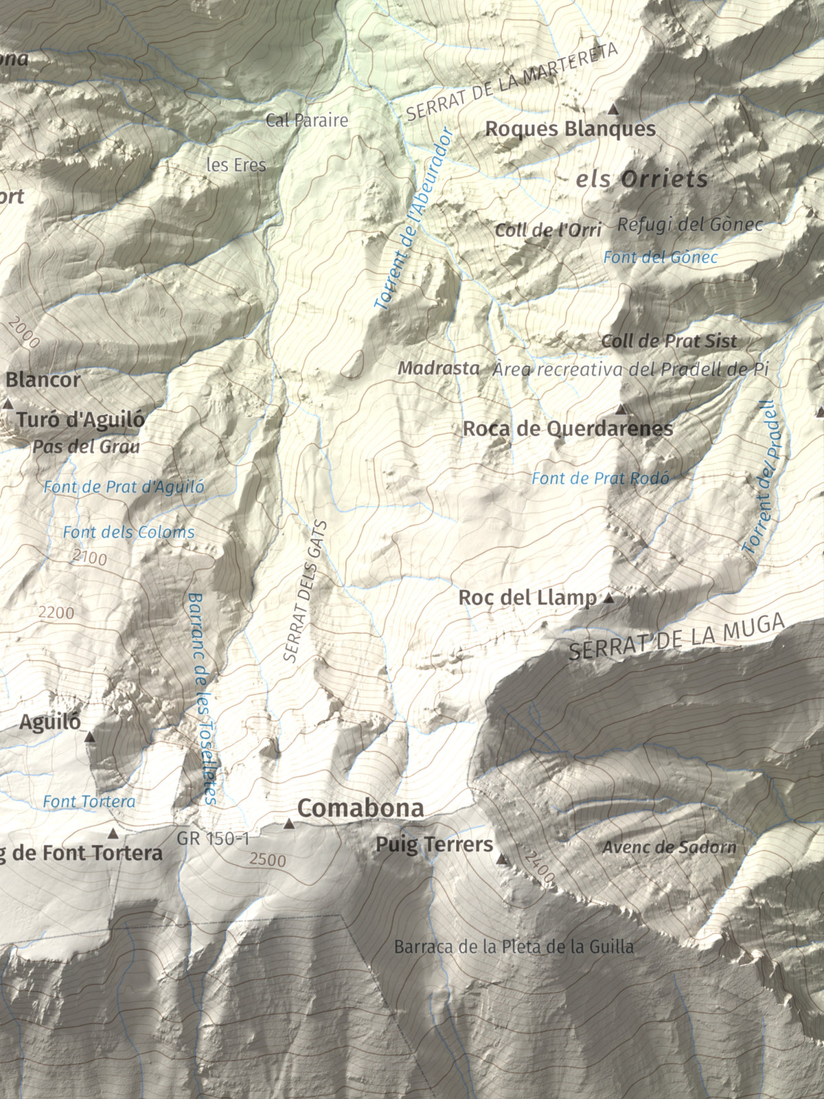 Mapa de relieve de Roca Gran, 2088 m, Cerdanya, lámina 100 Cims de Trobart. Detalle de la zona inferior derecha. 30 × 40 cm.