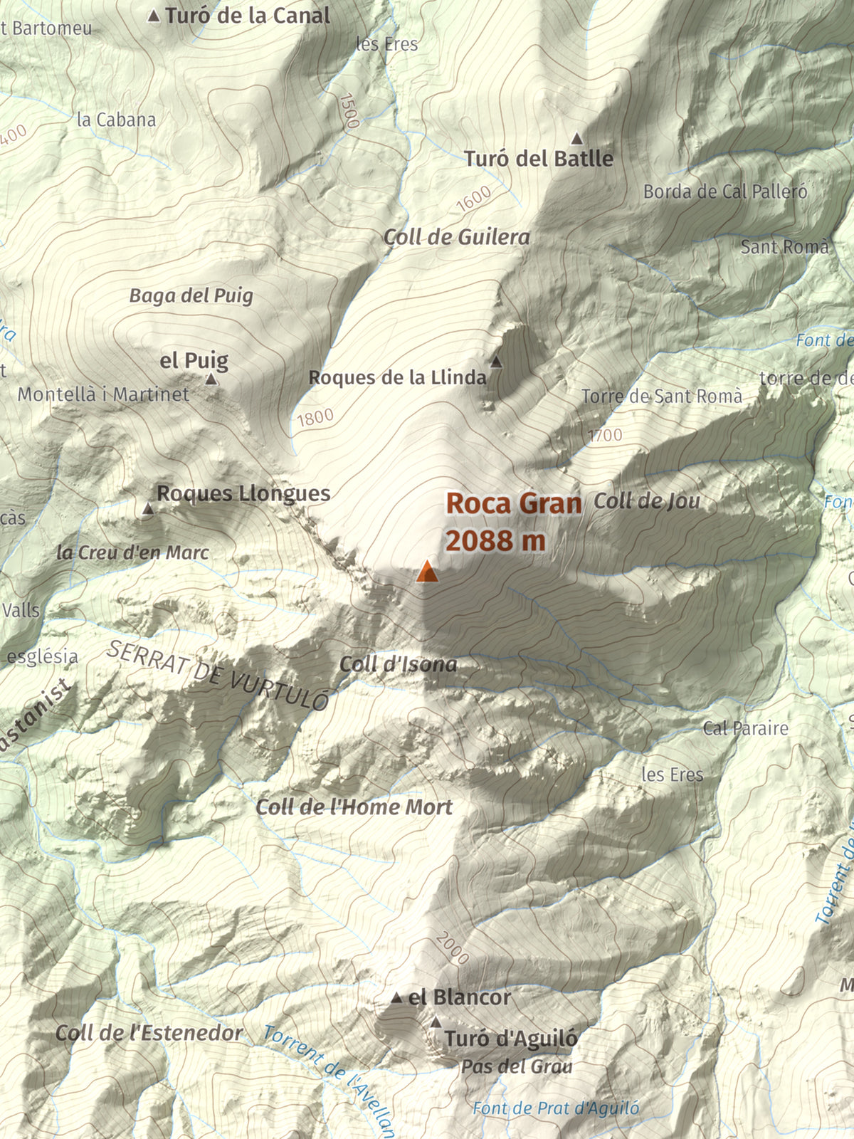 Mapa de relieve de Roca Gran, 2088 m, Cerdanya, lámina 100 Cims de Trobart. Detalle de la zona central. 30 × 40 cm.