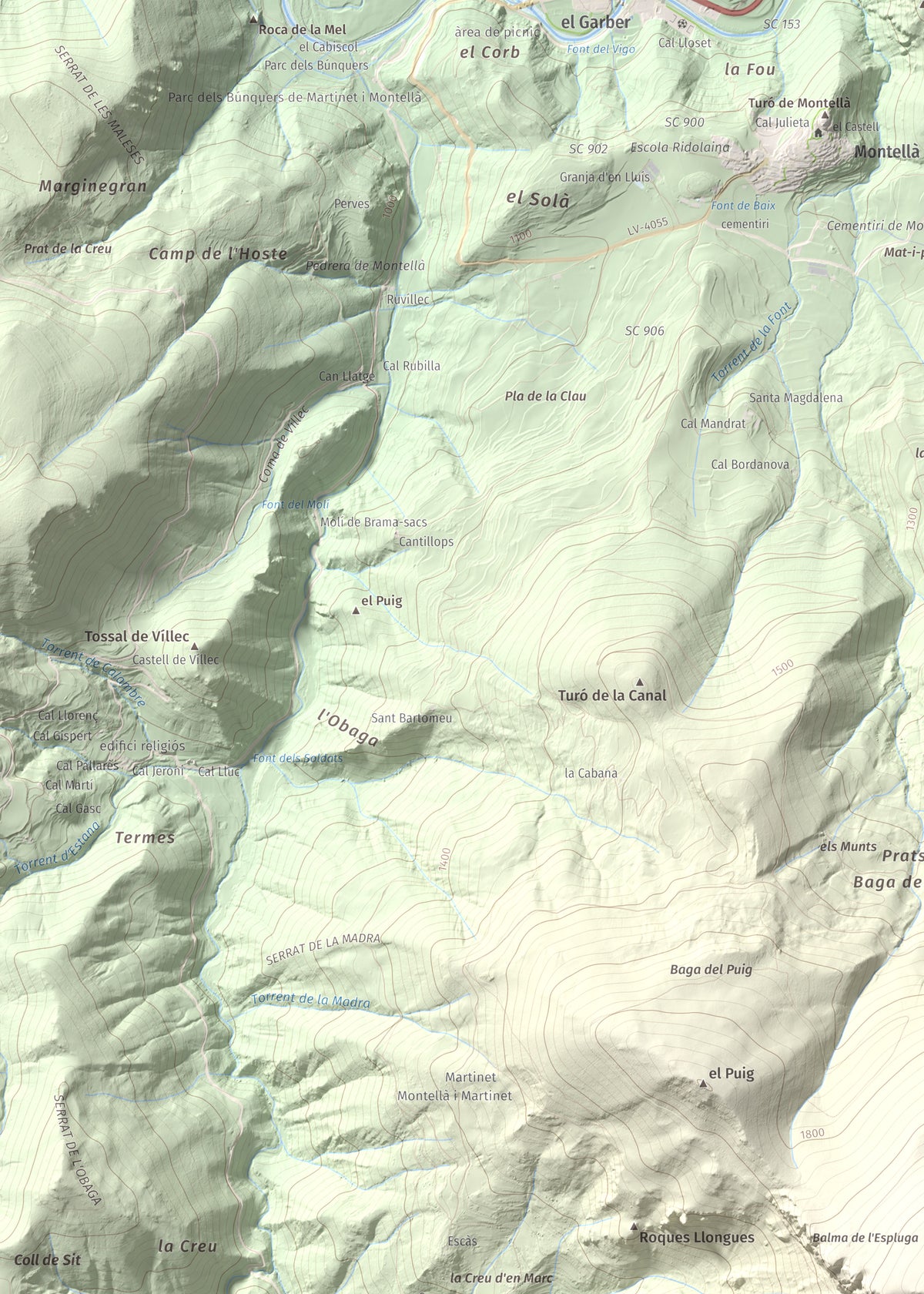 Mapa de relieve de Roca Gran, 2088 m, Cerdanya, lámina 100 Cims de Trobart. Detalle de la zona superior izquierda. 50 × 70 cm.