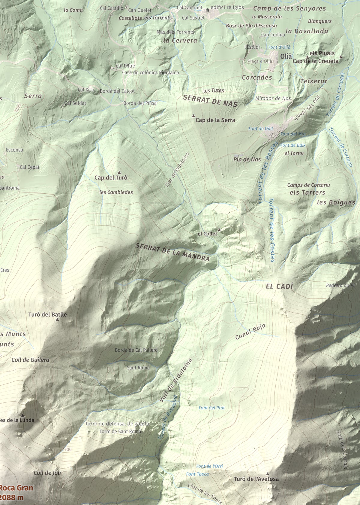 Mapa de relieve de Roca Gran, 2088 m, Cerdanya, lámina 100 Cims de Trobart. Detalle de la zona superior derecha. 50 × 70 cm.